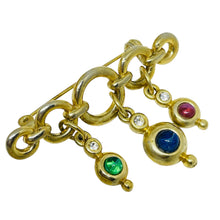 Load image into Gallery viewer, Vintage gold tone jewel ruby sapphire emerald glass dangle designer brooch
