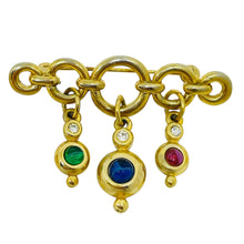 Load image into Gallery viewer, Vintage gold tone jewel ruby sapphire emerald glass dangle designer brooch
