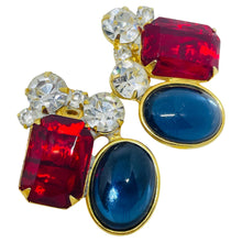 Load image into Gallery viewer, Vintage gold tone jewel sapphire ruby glass designer clip on earrings
