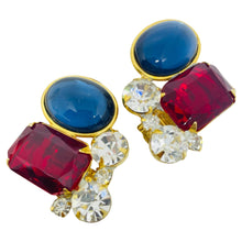Load image into Gallery viewer, Vintage gold tone jewel sapphire ruby glass designer clip on earrings
