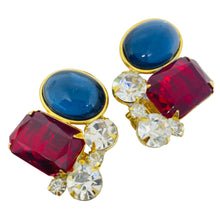 Load image into Gallery viewer, Vintage gold tone jewel sapphire ruby glass designer clip on earrings
