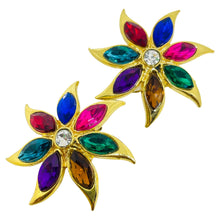 Load image into Gallery viewer, Vintage gold tone jewel tone rhinestones designer clip on earrings
