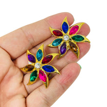 Load image into Gallery viewer, Vintage gold tone jewel tone rhinestones designer clip on earrings
