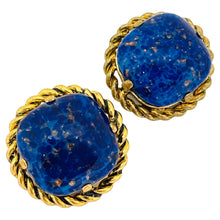 Load image into Gallery viewer, Vintage gold tone lapis glass designer clip on earrings
