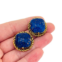 Load image into Gallery viewer, Vintage gold tone lapis glass designer clip on earrings

