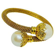 Load image into Gallery viewer, Vintage gold tone mesh chain faux pearl wrap designer bracelet
