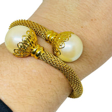 Load image into Gallery viewer, Vintage gold tone mesh chain faux pearl wrap designer bracelet
