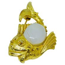 Load image into Gallery viewer, Vintage gold tone milk glass fish figural designer brooch
