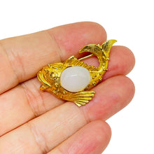 Load image into Gallery viewer, Vintage gold tone milk glass fish figural designer brooch
