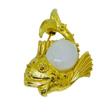 Load image into Gallery viewer, Vintage gold tone milk glass fish figural designer brooch
