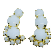 Load image into Gallery viewer, Vintage gold tone milk glass rhinestones designer clip on earrings
