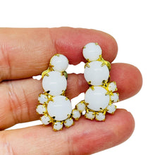 Load image into Gallery viewer, Vintage gold tone milk glass rhinestones designer clip on earrings
