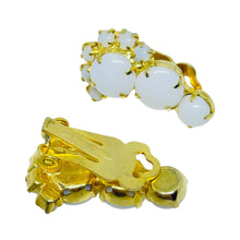 Load image into Gallery viewer, Vintage gold tone milk glass rhinestones designer clip on earrings

