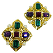 Load image into Gallery viewer, Vintage gold tone moghul jewel glass pears Maltese cross designer clip earrings
