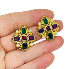 Load image into Gallery viewer, Vintage gold tone moghul jewel glass pears Maltese cross designer clip earrings
