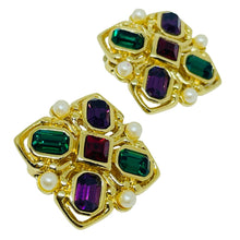 Load image into Gallery viewer, Vintage gold tone moghul jewel glass pears Maltese cross designer clip earrings
