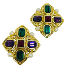 Load image into Gallery viewer, Vintage gold tone moghul jewel glass pears Maltese cross designer clip earrings
