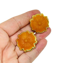 Load image into Gallery viewer, Vintage gold tone molded flower glass designer clip on earrings
