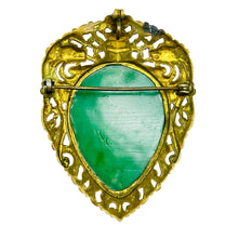 Load image into Gallery viewer, Vintage gold tone molded resin green jade designer brooch
