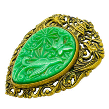 Load image into Gallery viewer, Vintage gold tone molded resin green jade designer brooch
