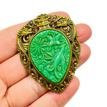 Load image into Gallery viewer, Vintage gold tone molded resin green jade designer brooch
