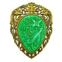 Load image into Gallery viewer, Vintage gold tone molded resin green jade designer brooch
