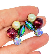 Load image into Gallery viewer, Vintage gold tone navette glass stones pearl designer clip on earrings
