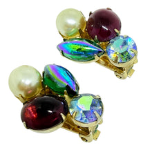 Load image into Gallery viewer, Vintage gold tone navette glass stones pearl designer clip on earrings
