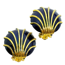 Load image into Gallery viewer, Vintage gold tone navy enamel seashell designer clip on earrings
