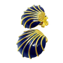 Load image into Gallery viewer, Vintage gold tone navy enamel seashell designer clip on earrings
