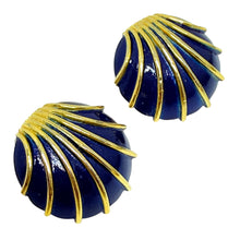 Load image into Gallery viewer, Vintage gold tone navy enamel seashell designer clip on earrings
