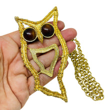 Load image into Gallery viewer, Vintage gold tone owl brown glass eyes huge modernist designer necklace
