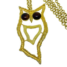 Load image into Gallery viewer, Vintage gold tone owl brown glass eyes huge modernist designer necklace
