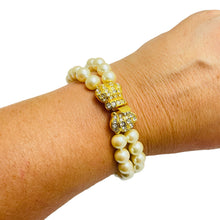 Load image into Gallery viewer, Vintage gold tone pearl bow crystsl designer bracelet
