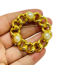 Load image into Gallery viewer, Vintage gold tone pearl chain designer brooch
