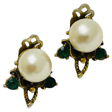 Load image into Gallery viewer, Vintage gold tone pearl emerald rhinestones designer clip on earrings
