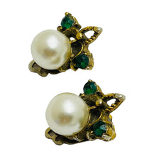 Load image into Gallery viewer, Vintage gold tone pearl emerald rhinestones designer clip on earrings

