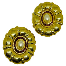Load image into Gallery viewer, Vintage gold tone pearl enamel designer clip on earrings
