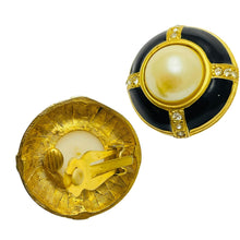 Load image into Gallery viewer, Vintage gold tone pearl enamel rhinestone designer clip on earrings
