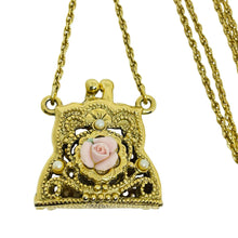 Load image into Gallery viewer, Vintage gold tone pearl porcelain rose purse pendant chain necklace
