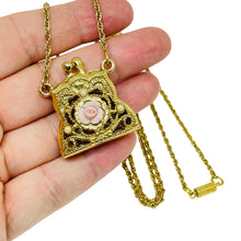 Load image into Gallery viewer, Vintage gold tone pearl porcelain rose purse pendant chain necklace
