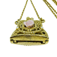 Load image into Gallery viewer, Vintage gold tone pearl porcelain rose purse pendant chain necklace
