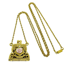 Load image into Gallery viewer, Vintage gold tone pearl porcelain rose purse pendant chain necklace
