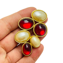 Load image into Gallery viewer, Vintage gold tone pearl red resin cabs designer brooch
