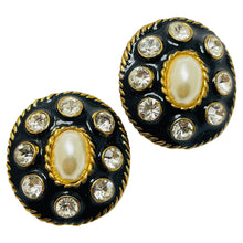 Load image into Gallery viewer, Vintage gold tone pearl rhinestone enamel designer clip on earrings

