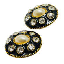 Load image into Gallery viewer, Vintage gold tone pearl rhinestone enamel designer clip on earrings

