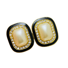 Load image into Gallery viewer, Vintage gold tone pearl rhinestone enamel designer earrings
