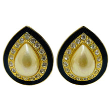 Load image into Gallery viewer, Vintage gold tone pearl rhinestone enamel designer runway earrings
