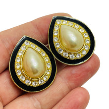 Load image into Gallery viewer, Vintage gold tone pearl rhinestone enamel designer runway earrings
