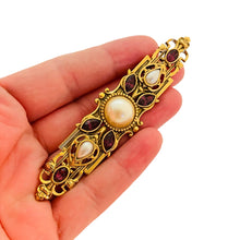 Load image into Gallery viewer, Vintage gold tone pearl rhinestones designer brooch
